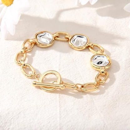 14K Gold & Silver Plated Lightweight Link Bracelet for Women | Stackable Bracelets ,14K Gold Plated Bracelets with CZ,Lightweight Trendy Chain Bracelet Jewelry Gift - style: round&gold chain