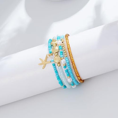 LALAPPLE Shell Bracelet Boho Beaded Stretch Bracelets for Women Seashell Strand Bracelets Starfish Charm Jewelry Summer Beach Jewelry Stackable Crystal Gold Plated Beads Bracelet for Women - style: Style6