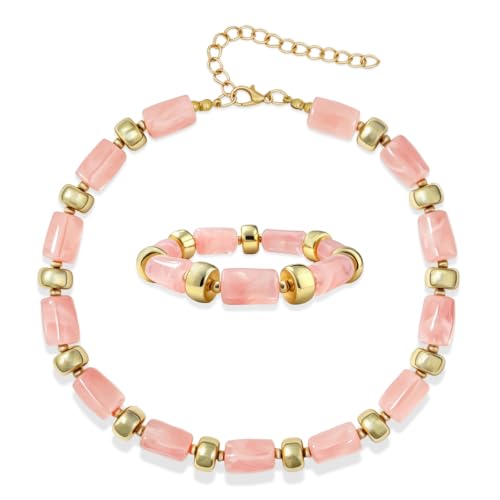 YBMYCM Colorful Resin Beaded Necklace Bracelet Set for Women, Adjustable Chunky Choker Necklace with Stretch Bracelet, Boho Statement Summer Beach Jewelry Gift for Her - color: Pink