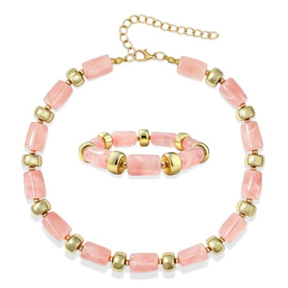 YBMYCM Colorful Resin Beaded Necklace Bracelet Set for Women, Adjustable Chunky Choker Necklace with Stretch Bracelet, Boho Statement Summer Beach Jewelry Gift for Her - color: Pink