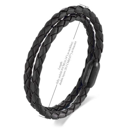 Braided Leather Bracelet，Double Wrap Bracelet with Black Stainless Steel Clasp, Two- way of Wearing as Mens Bracelet or Womens Choker Necklace, Urban and Minimalist Style - color: Black