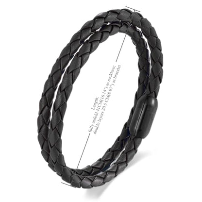 Braided Leather Bracelet，Double Wrap Bracelet with Black Stainless Steel Clasp, Two- way of Wearing as Mens Bracelet or Womens Choker Necklace, Urban and Minimalist Style - color: Black