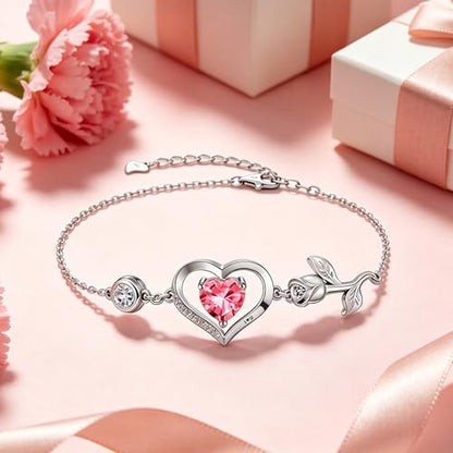 1CT Rose Heart Birthstone Bracelet for Women Love Gift - style: 10-Oct Pink Silver