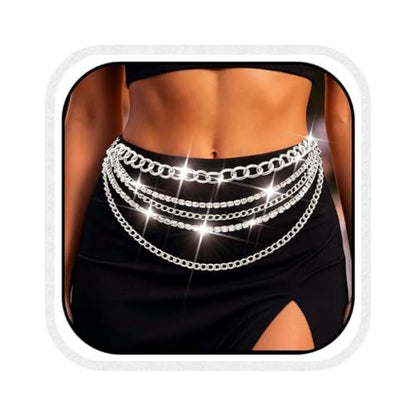 Rhinestone Chain Belt Gold Sparkly Waist Chains Fashion Body Chain Jewelry for Women - color: Silver
