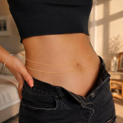 Gold Waist Chain for Women Dainty 14K Gold Plated Layered Belly Chain Adjustable Bikini Belly Beads for the Waist Waterproof Beach Accessories Body Chain Jewelry for Gifts - style: BY0004