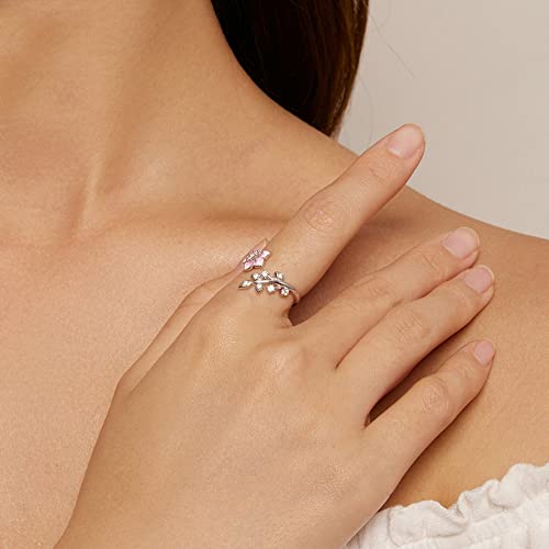 Pink Cherry Blossoms Open Adjustable Ring S925 Sterling Silver Hypoallergenic Imitation Crystal Wedding Rings Promise Love Engagement Statement Imitation Cubic Zirconia Flower Jewelry for Women Bff