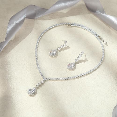 EVER FAITH Pear Shaped Cubic Zirconia Bridal Wedding Jewelry Set for Women | Gorgeous Water Drop Bride Necklace Dangle Earrings, for Bride Bridesmaid - color: White Silver-Tone