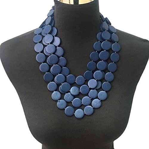 Colorful Beaded Necklace for Women,Chunky Wooden Bib Choker Necklace,Statement African Jewelry Multicolor Maroon Blue Fashion Collar Necklace - color: blue