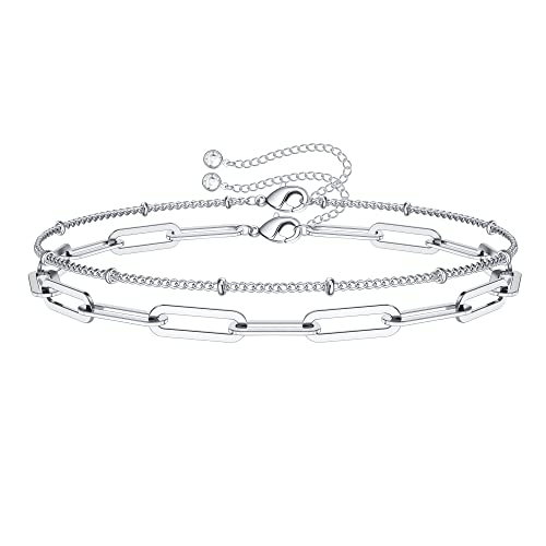 Dainty Gold Bracelets for Women, 14K Gold Plated Adjustable Layered Beads Bracelet Cute Evil Eye Oval Chain Pearl Bar Turtle Gold Bracelets for Women Jewelry - style: Grey crystal beads&Chain