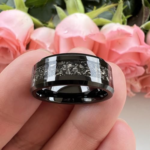 TUTISS 6mm 8mm Silver/Black Tungsten Rings for Men Women Meteorite Shavings Inlay Promise Engagement Wedding Bands Beveled Edges Polished Shiny Comfort Fit