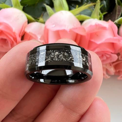 TUTISS 6mm 8mm Silver/Black Tungsten Rings for Men Women Meteorite Shavings Inlay Promise Engagement Wedding Bands Beveled Edges Polished Shiny Comfort Fit