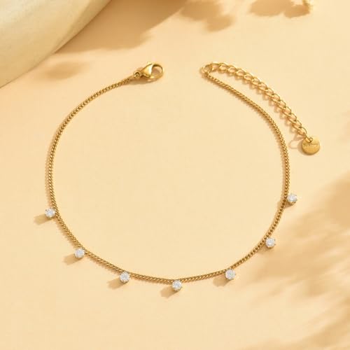 Gold Anklets for Women 18K Gold Plated CZ Ankle Bracelet Dainty Droplet Bar Tennis Ankle Trendy Summer Waterproof Beach Foot Chain Jewelry - color: CZ-Gold