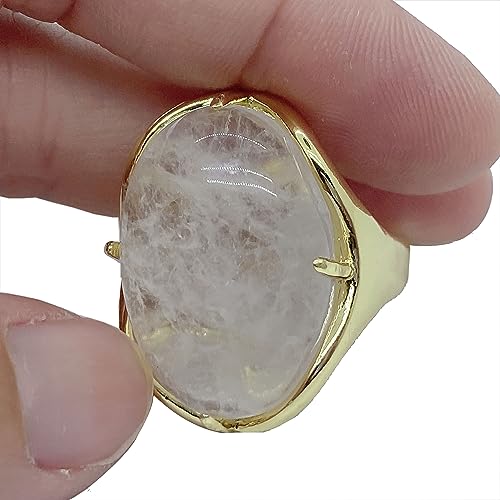Natural Stone Adjustable Finger Rings Semi Precious Oval Shaped Gemstone Jewelry For Women Anniversary Birthday Wedding Gift - color: White Crystal