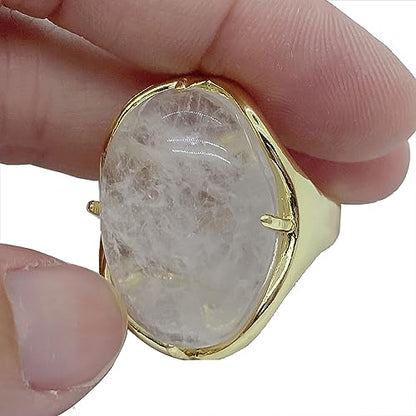 Natural Stone Adjustable Finger Rings Semi Precious Oval Shaped Gemstone Jewelry For Women Anniversary Birthday Wedding Gift - color: White Crystal