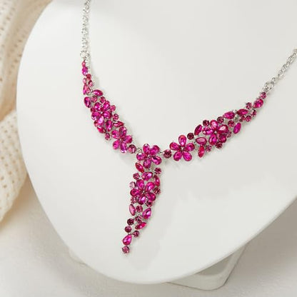 EleQueen Statement Sparkle Crystal Necklace Bracelet Dangle Earrings Set for Women, Art Deco Prom Chandelier Jewelry for Wedding Bridal - color: Hot Pink-Silver-Plated-Base