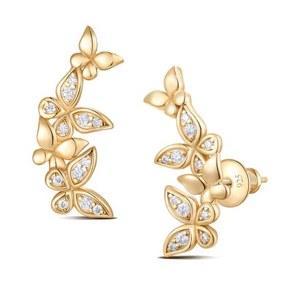 Moissanite 20mm Butterlfy/Flower/Leaf/Bezel Crawler Stud Earrings for Women, 925 Sterling Silver with Gold Plated, Hypoallergenic Cartilage Earrings, Valentines Birthday Anniversary Wedding Gift - color: Butterfly - Yellow Gold