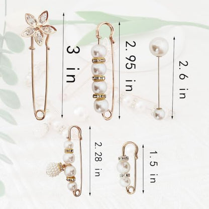 5 Pieces Pearl Brooch Safety brooches and Pins | fashion brooch pins for Clothes Safety Pin for Women Fashion Sweater Shawl Collar Dresses Cardigan