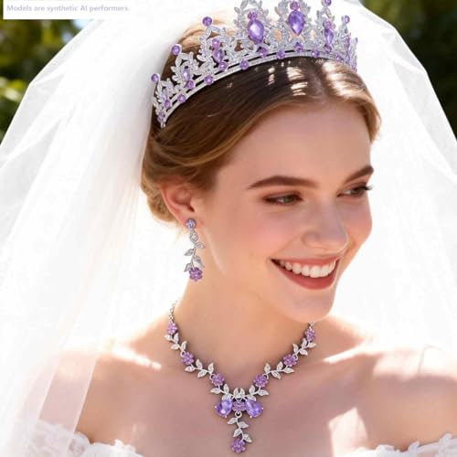 Kamirola Women's Wedding Jewelry Leaf Cluster Flower Crystal Dangle Earrings Pendant Necklace Set for BridalCrystal Bridal Jewelry Set - color: Silver Purple