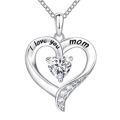 Mom Necklace 925 Sterling Silver Heart Necklaces for Women - color: 01-White Gold