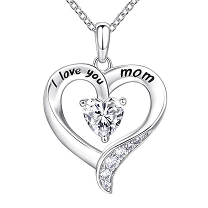 Mom Necklace 925 Sterling Silver Heart Necklaces for Women - color: 01-White Gold