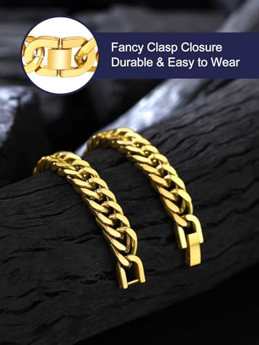 Bandmax Cuban Bracelets for Men, Stainless Steel Link, 7.5"/8.3"/9" Length | 7/8/12mm Width, Miami Wristlet Chain, Steel/Black/Gold Tone, Hip Hop Jewelry, Gift for Son Grandson Husban - color: Gold