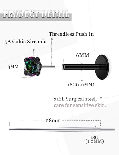 20G 18G 16G Threadless Nose Rings Studs Flat Back Earrings Surgical Stainless Steel CZ Nose Rings Stud Tragus Helix Conch Cartilage Earrings Stud Piercing Jewelry For Women Men Hypoallergenic - color: Black-Rainbow CZ, size: 18 Gauge-6mm Bar-3mm CZ