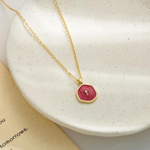Tewiky Cross Necklace for Women 14k Gold Plated Cross Pendant Necklaces | Cute Necklaces for Women,Jewelry ,Graduation Gift for Her - color: Burgundy