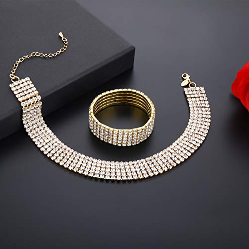 Zealmer 18K Yellow Gold Plated 1-5 Rows Rhinestone Choker Necklace & Stretch Bracelets Set Wedding Jewelry - style: 5 Row