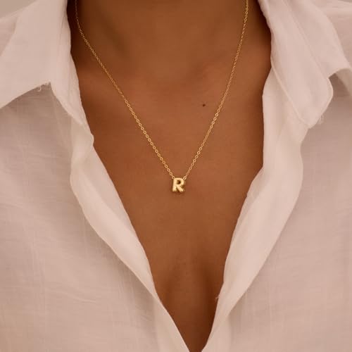 Initial Necklaces for Women Bubble Gold Silver Letter Necklace Dainty Personalized Charm Pendant Name Necklace Cute Non Tarnish Fashion Accessories Teen Gift Trendy Stuff Jewelry Gifts - color: Gold, style: R