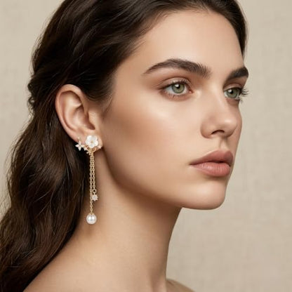 14K Gold Plated CZ Flower Dangle Earrings for Women, Sparkly Cubic Zirconia Long Tassel Drop Earrings, Bridal Wedding Jewelry - color: A:Flower Pearl Earrings