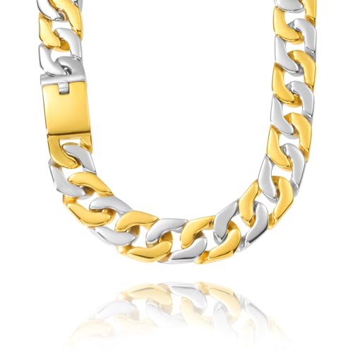 SDA Wide Chunky Gold Chain Necklace - Heavy and Waterproof 316L Surgical Steel with 18K Gold Plating for Modern Men and Women into Hip Hop Fashion - color: B115-Gold+White Gold