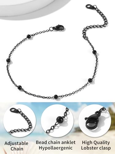 ChainsHouse Ankle Bracelets for Women, Stainless Steel Beaded Chain Ankle Bracelet, Womens Heart Anklets for Summer Beach Jewelry Gifts - color: K: bead-3.5mm-black
