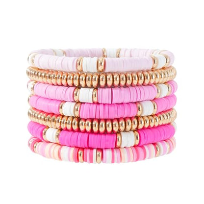 Summer Surfer Heishi Bracelet Set for Women Stackable Gold Plated Clay Ploymer Bead Stretch Pink Beach Layering Bracelets Jewelry - color: A-pink&gold set