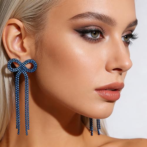 Rhinestone Earrings Dangling for Women Sparkly Silver Dangle Earrings Girls Long Chandelier Earrings Tassel Lightweight Ear Studs Cubic Zirconia (KE001S-W) - color: Bow 516286DY-BZ Coating Blue Zircon