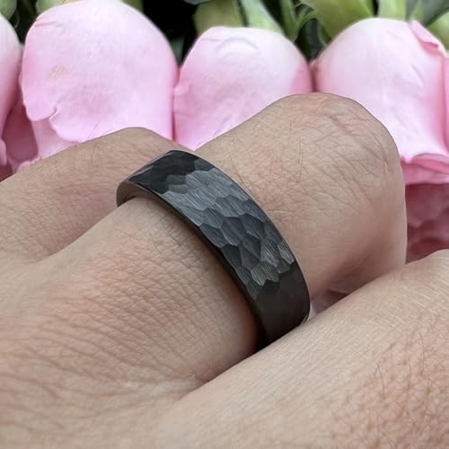 TUTISS 6mm 8mm Silver/Black/Gunmetal/Gold/Rose Gold Hammered Tungsten Rings for Men Women Couple Fashion Jewelry Engagement Wedding Bands Matte Finish Comfort Fit - color: 6mm Black Tungsten