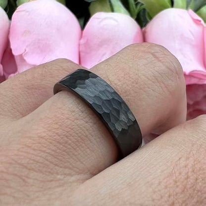 TUTISS 6mm 8mm Silver/Black/Gunmetal/Gold/Rose Gold Hammered Tungsten Rings for Men Women Couple Fashion Jewelry Engagement Wedding Bands Matte Finish Comfort Fit - color: 6mm Black Tungsten