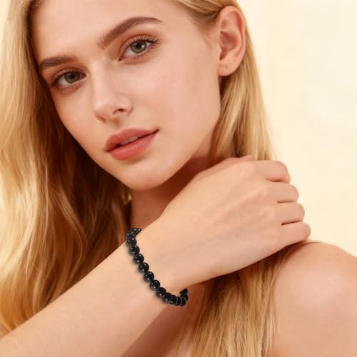 Agate Round Beaded Bracelet for Women Men Natural Agates Stone Healing Bracelets Stretch Elastic Handmade Polished Gemstone Beads Bracelet - color: Black White, size: 8mm Beads