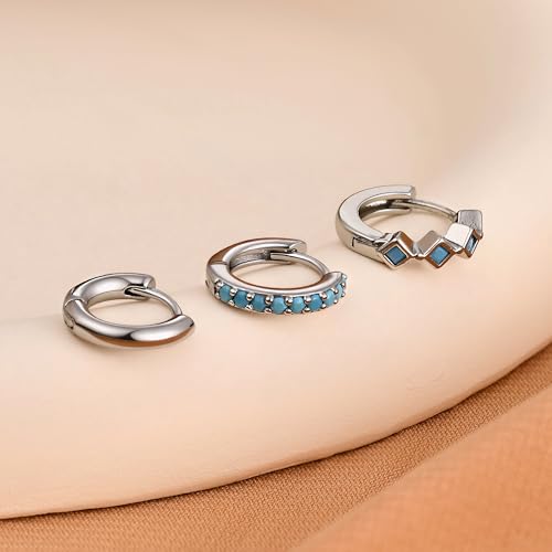 3 Pairs Mini Hoop Earrings Set Turquoise Cubic Zirconia Huggie Hoop Cartilage Earring Ear Cuff for Women (Turquoise/CZ) - color: *Turquoise-E