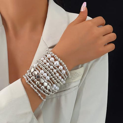KISS WIFE Gold Beaded Bracelets for Women, Stackable Stretch Bracelet Set | 13 stretch bracelets combine polished gold-tone beads and faux pearls for stacked or individual everyday styling. - color: Silver