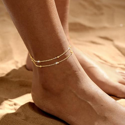 Warshion Ankle Bracelets for Women - 14K Gold Plated Waterproof Gold Anklet Delicate Chain Women's Anklets Summer Beach Pearl Jewelry Layering Gift Non Tarnish - style: ANKLETS-F