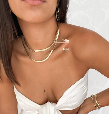 NECOCY 14K Gold Plated Necklaces for Women, Dainty Gold Herringbone Choker Necklace Thin Layered Snake Chain Jewelry for Gifts - color: 5MM 14"-GD Herringbone Necklace