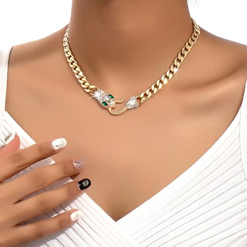 Punk Animal Snake Choker Necklace Hip Hop Rhinestone Snake head Cuban Link Chain Necklace Chunky Cuban Chain Crystal Jewelry for Women Gifts - color: Style B Gold