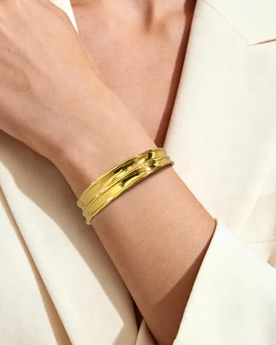 Irregular Hammered Wave Texture Cuff Bracelet for Women Open Bangle Hypoallergenic Jewelry Silver & Gold - color: Gold