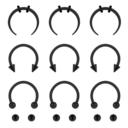 Yolev 9Pcs septum Rings Septum Jewelry 16g 18g Septum Ring Septum Piercing 20g Horseshoe Earring Hoop Stainless Steel Nose Ring Hoop Nose Piercing Jewelry for Women and Men - color: black