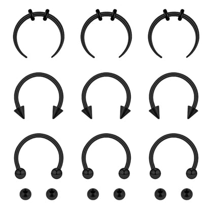 Yolev 9Pcs septum Rings Septum Jewelry 16g 18g Septum Ring Septum Piercing 20g Horseshoe Earring Hoop Stainless Steel Nose Ring Hoop Nose Piercing Jewelry for Women and Men - color: black
