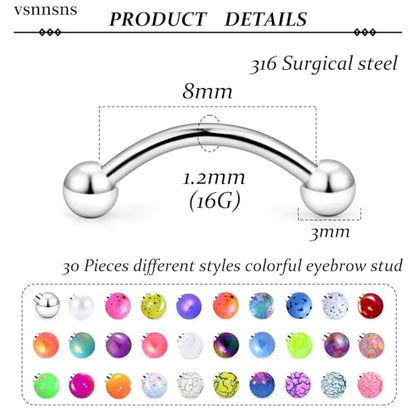 Eyebrow Piercing Jewelry 16G Stainless Surgical Steel Curved Barbell Eyebrow Ring Vertical Labret Lip Jewelry Rook Daith Earrings Piercing Jewelry for Women Men 6mm/8mm/10mm 16 Gauge - color: 8MM-Mix Color