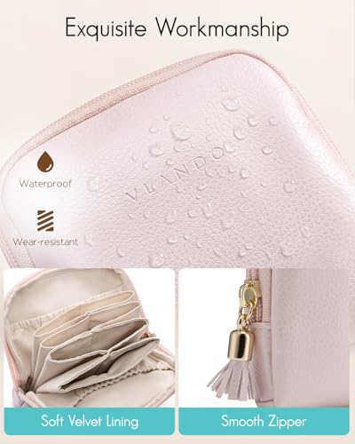 VLANDO Small Travel Jewelry Case,Velvet Pouch Bags with Zipper,Pearl Pink | Travel Essentials,PU Leather Organizer with 5 Divided Sections,Carry-On Totes,Gift for Birthday,Bride,Bridesmaid,Women,Girls - color: B.Pearl Pink