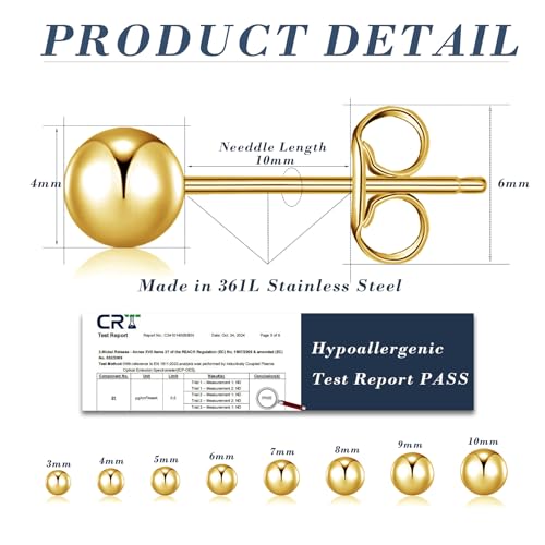 BMMYE 4 Pairs Silver Stud Earrings for Women Stainless Steel Ball Earrings | Small 14 Gold Plated Earrings Studs Set with Cubic Zirconia Waterproof Hypoallergenic Silver Ball Earring for Women - color: 4pair gold ball