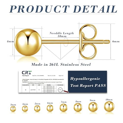 BMMYE 4 Pairs Silver Stud Earrings for Women Stainless Steel Ball Earrings | Small 14 Gold Plated Earrings Studs Set with Cubic Zirconia Waterproof Hypoallergenic Silver Ball Earring for Women - color: 4pair gold ball