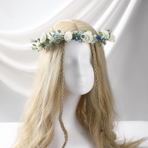 Fairy White Flower Crown Headband, Rose Floral Headpiece | Adjustable, Fairy Flower Crown, Women Girls, Renaissance Birthday Wedding Party Photo Props - color: Blue White